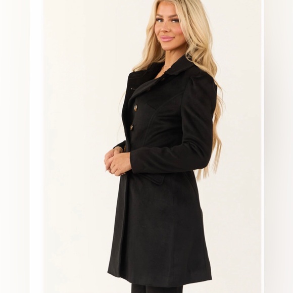Black double button up long fleece coat - Picture 3 of 5